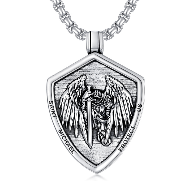 Sterling Silver Saint Michael & Shield Pendant Necklace with Engraved Word for Men