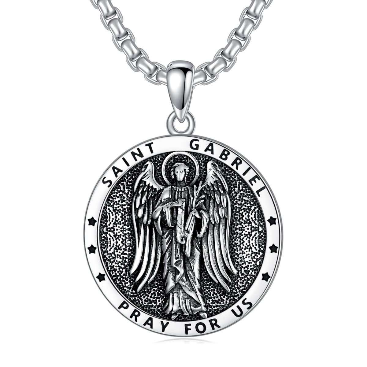 Sterling Silver Saint Gabriel Pendant Necklace with Engraved Word for Men-1