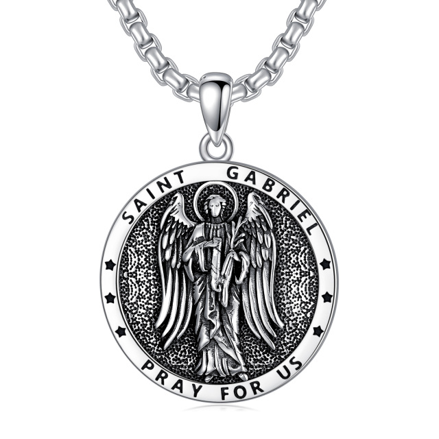 Sterling Silver Saint Gabriel Pendant Necklace with Engraved Word for Men-0