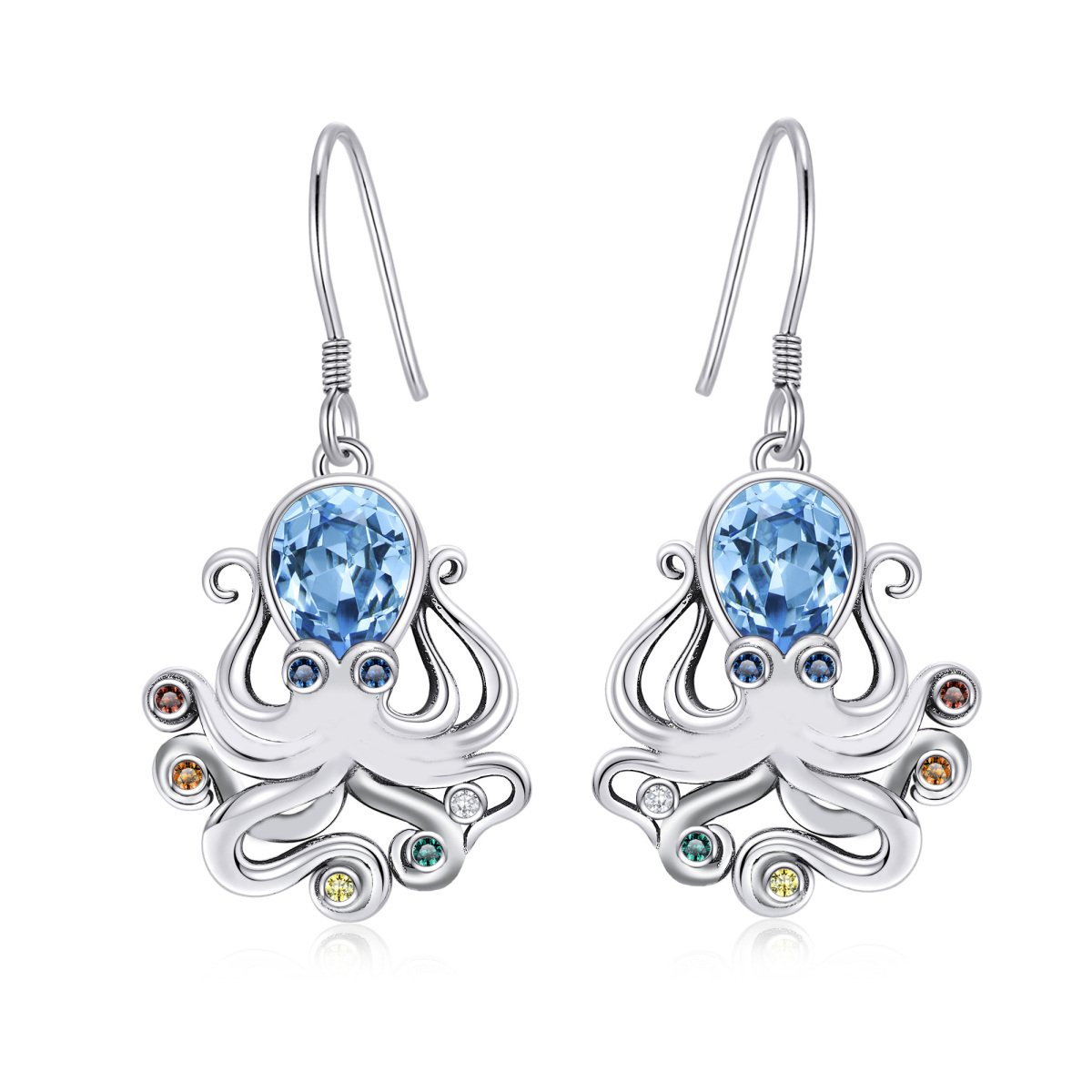 Sterling Silver Pear Shaped Cubic Zirconia Octopus Drop Earrings-1