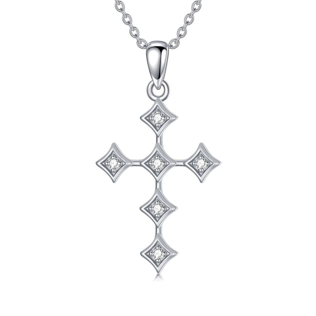 Sterling Silver Round Diamond Cross Pendant Necklace-1