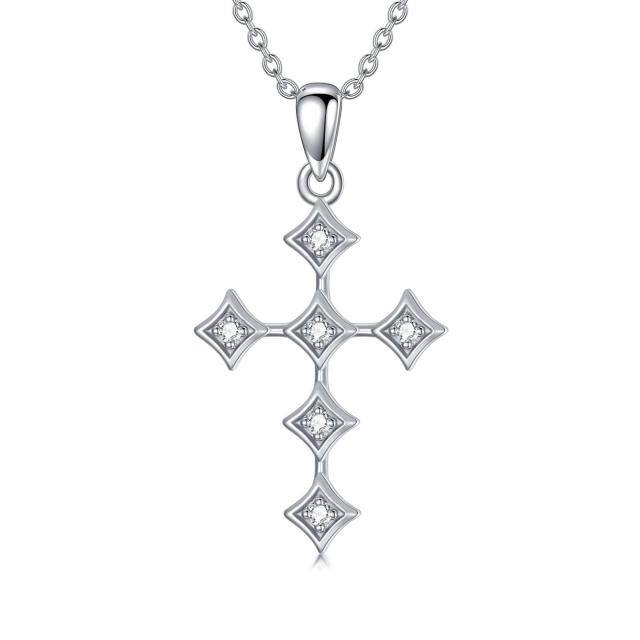 Sterling Silver Round Diamond Cross Pendant Necklace-0