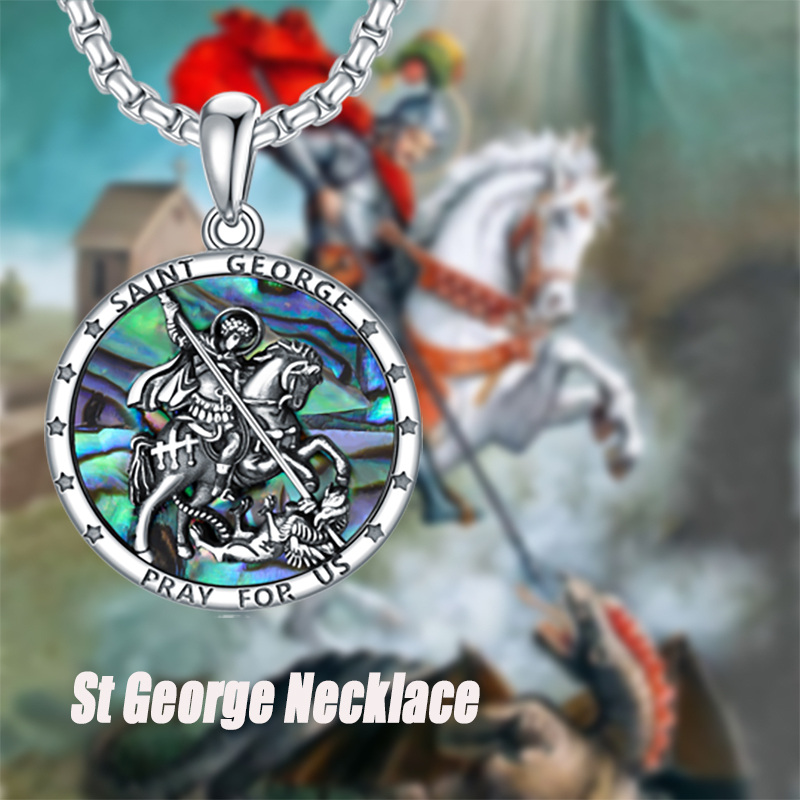 Sterling Silver Circular Shaped Abalone Shellfish Saint George Pendant Necklace with Engraved Word for Men-6