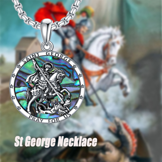 Sterling Silver Circular Shaped Abalone Shellfish Saint George Pendant Necklace with Engraved Word for Men-5