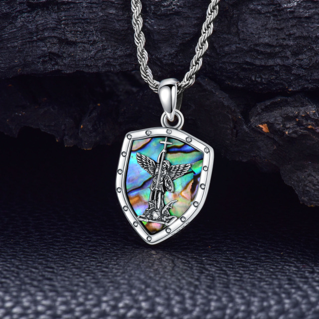 Sterling Silver Abalone Shellfish Saint Michael Shield Pendant Necklace with Engraving Words-2