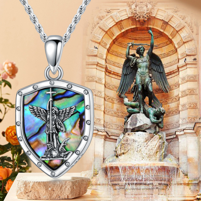 Collier en argent sterling Abalone Shellfish Saint Michael Shield Pendant Necklace with Engraving Words-5