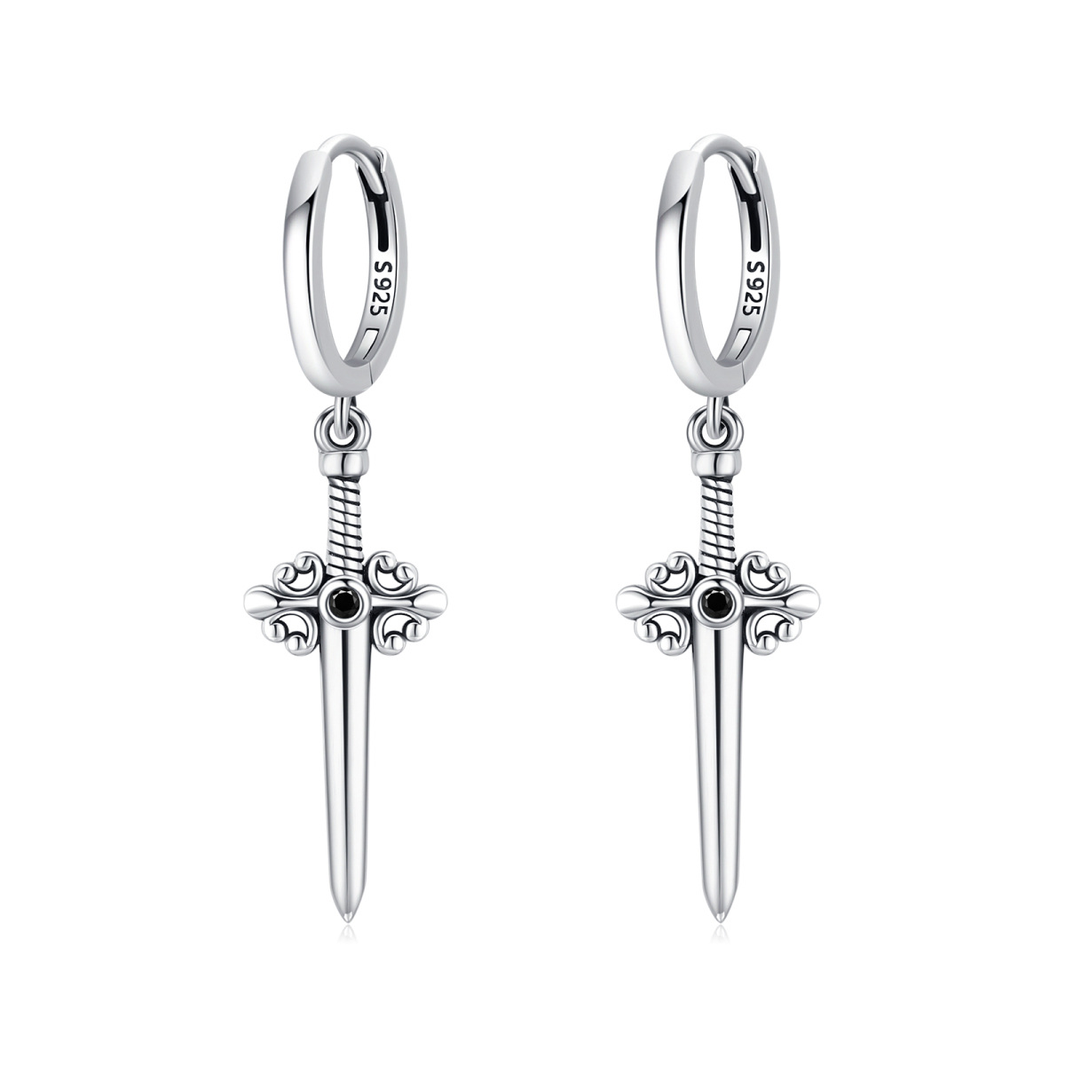 Sterling Silver Circular Shaped Cubic Zirconia Cross & Sword Drop Earrings-1