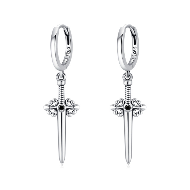 Sterling Silver Circular Shaped Cubic Zirconia Cross & Sword Drop Earrings-0
