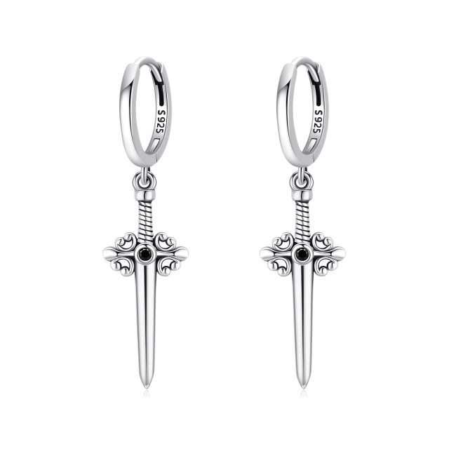 Sterling Silver Circular Shaped Cubic Zirconia Cross & Sword Drop Earrings-3