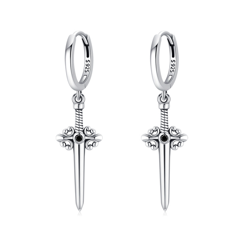 Sterling Silver Circular Shaped Cubic Zirconia Cross & Sword Drop Earrings