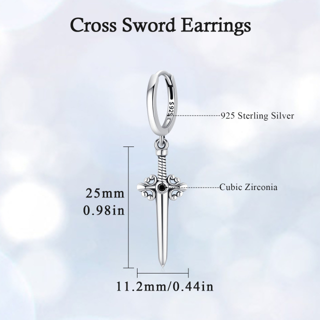 Sterling Silver Circular Shaped Cubic Zirconia Cross & Sword Drop Earrings-5