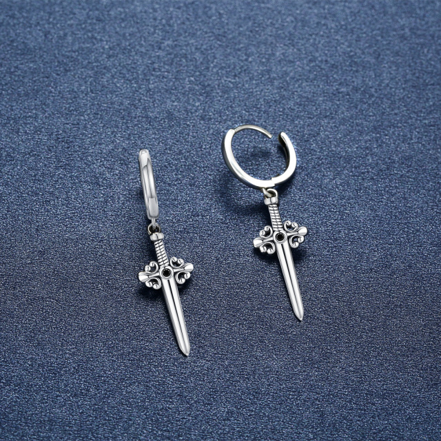 Sterling Silver Circular Shaped Cubic Zirconia Cross & Sword Drop Earrings-4