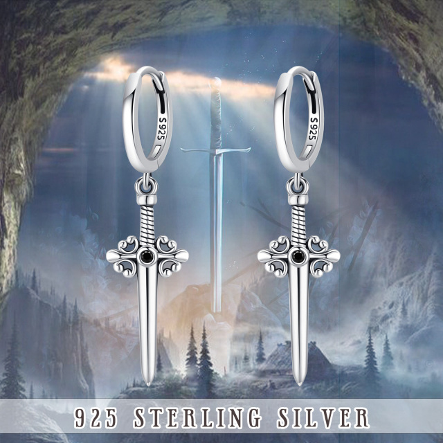 Sterling Silver Circular Shaped Cubic Zirconia Cross & Sword Drop Earrings-6