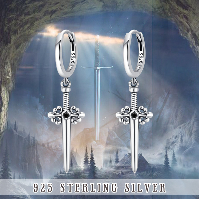 Sterling Silver Circular Shaped Cubic Zirconia Cross & Sword Drop Earrings-5