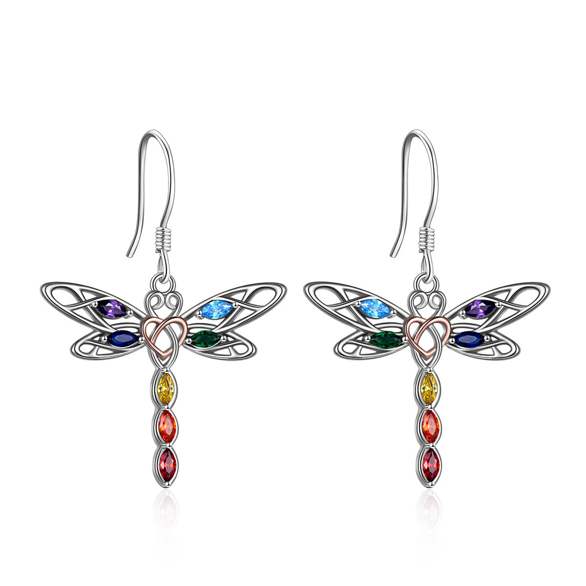 Sterling Silver Two-tone Cubic Zirconia Dragonfly & Chakras Drop Earrings-1