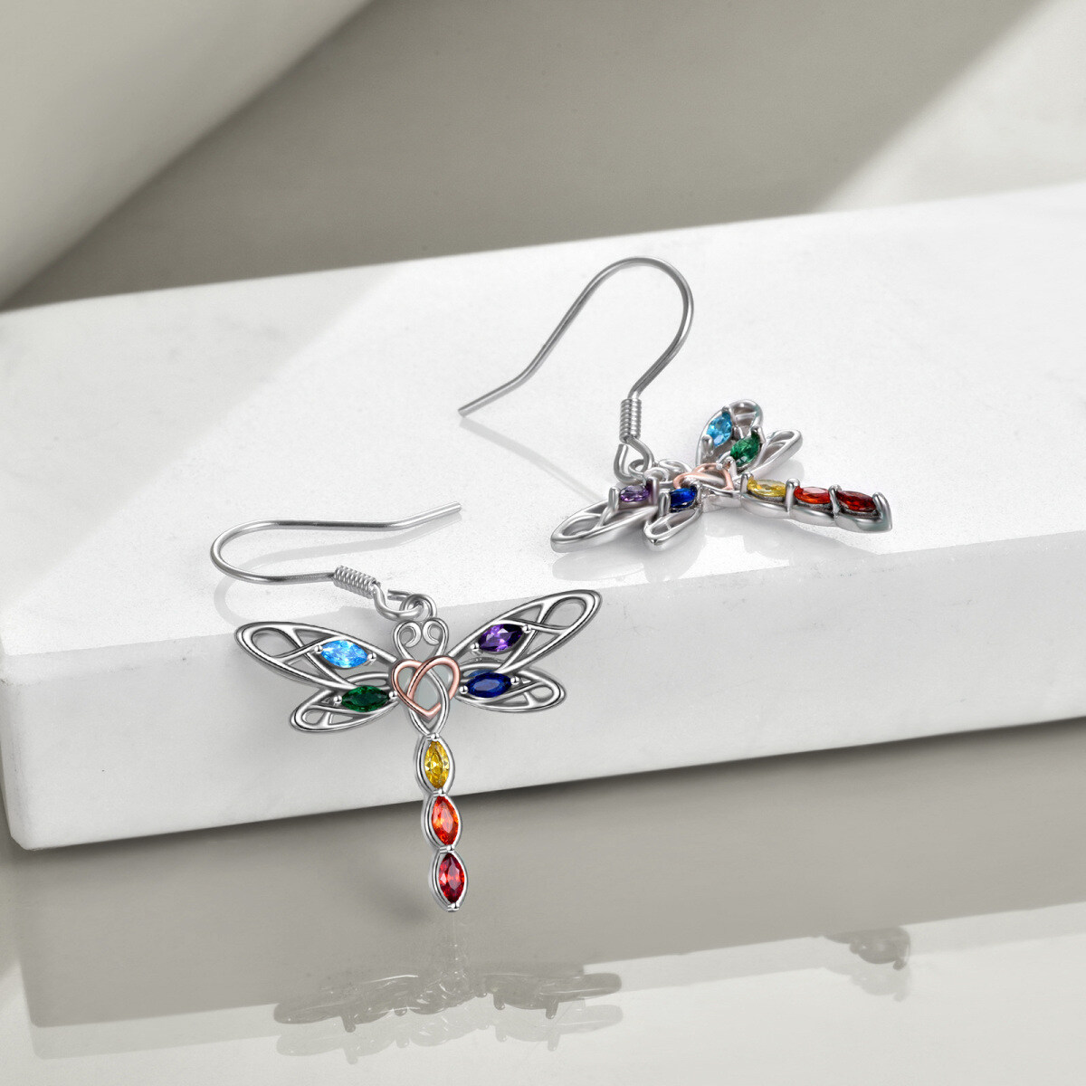 Sterling Silver Two-tone Cubic Zirconia Dragonfly & Chakras Drop Earrings-5