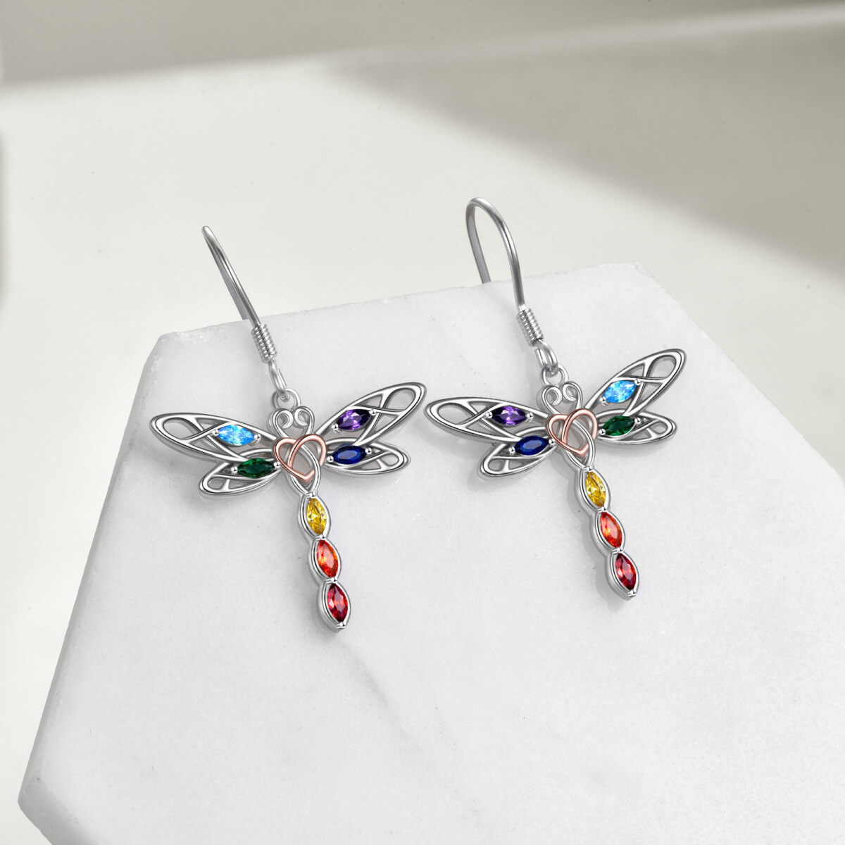 Sterling Silver Two-tone Cubic Zirconia Dragonfly & Chakras Drop Earrings-3