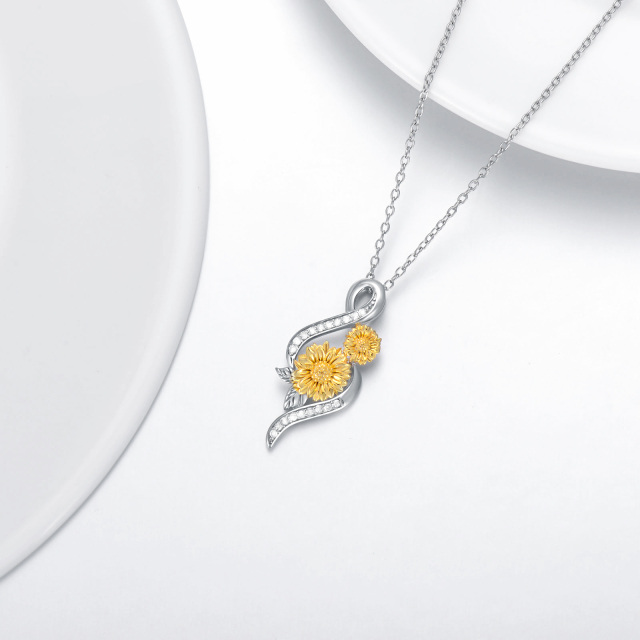 Sterling Silver Two-tone Circular Shaped Diamond Sunflower & Infinity Symbol Pendant Necklace-3