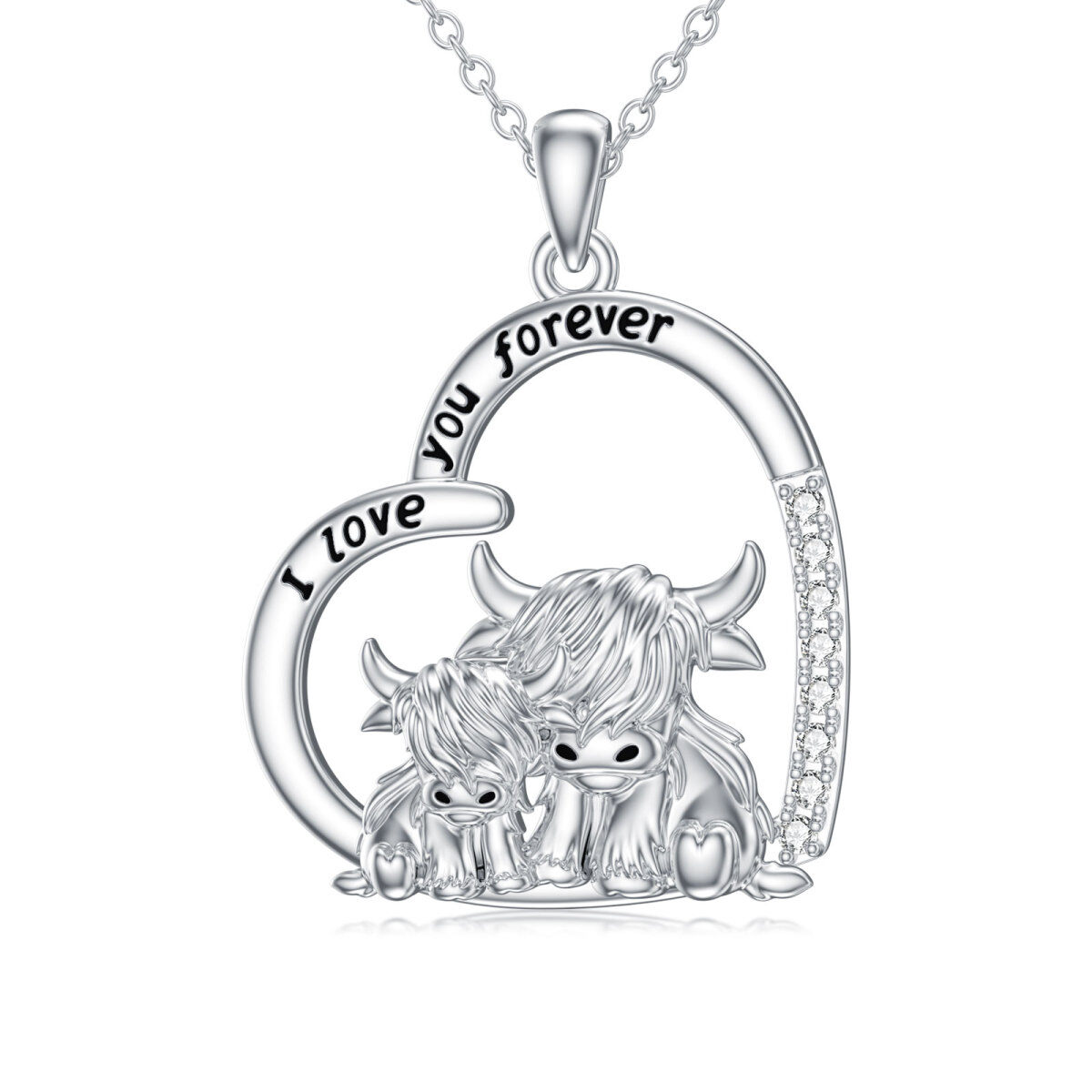 Sterling Silver Zircon Highland Cow Pendant Necklace with Engraved Word-1