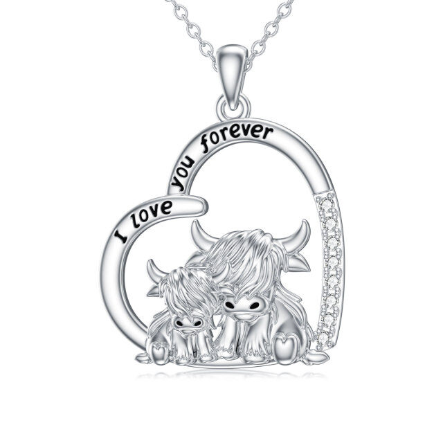 Sterling Silver Zircon Highland Cow Pendant Necklace with Engraved Word-0