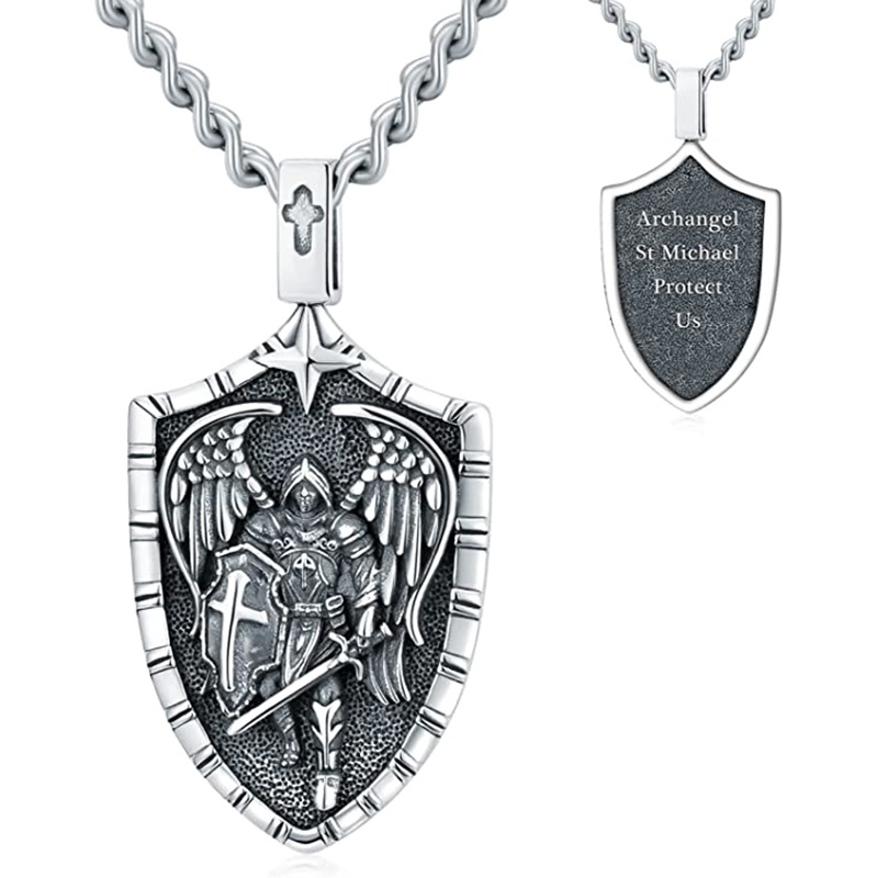 Sterling Silver Saint Michael Pendant Shield Necklace with Engraved Word for Men-1