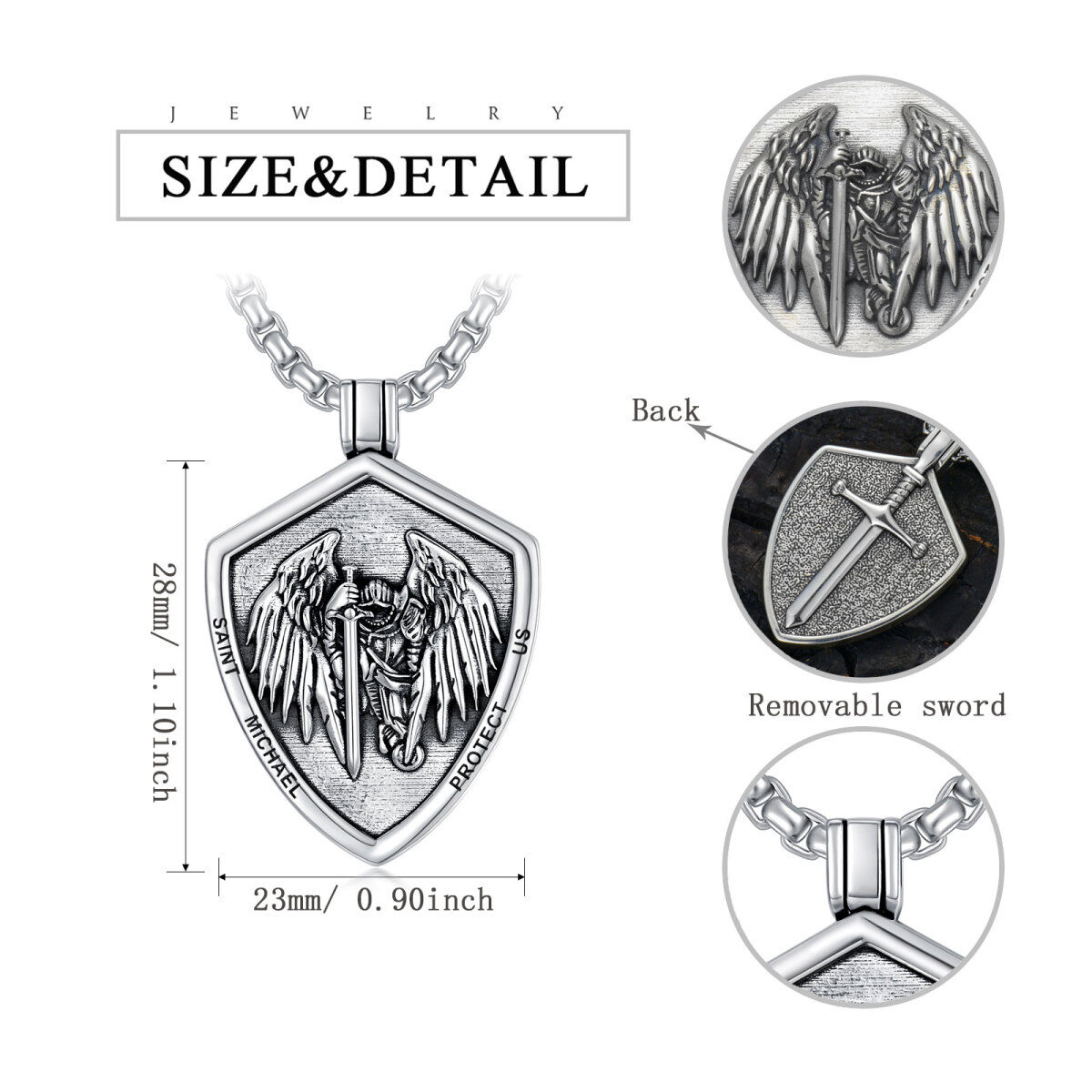 Sterling Silver Saint Michael & Shield Pendant Necklace with Engraved Word for Men-8