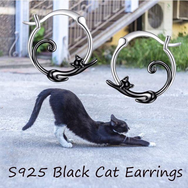 Brincos de argola em prata esterlina preto gato animal joia para mulheres-5