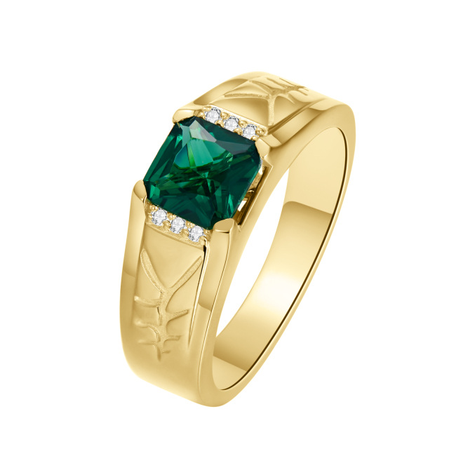 10K Gold Princess-square Shaped Emerald Personalized Engraving Ring for Men-4