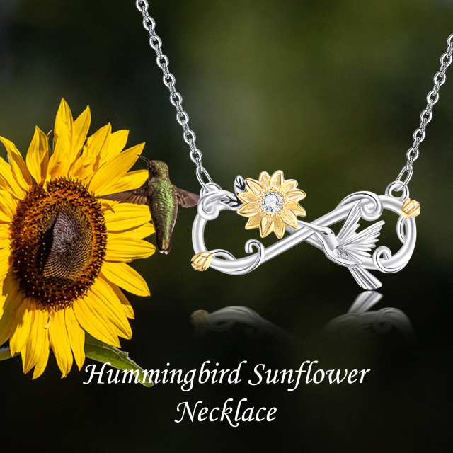 Sterling Silver Two-tone Round Zircon Hummingbird & Sunflower Pendant Necklace-4