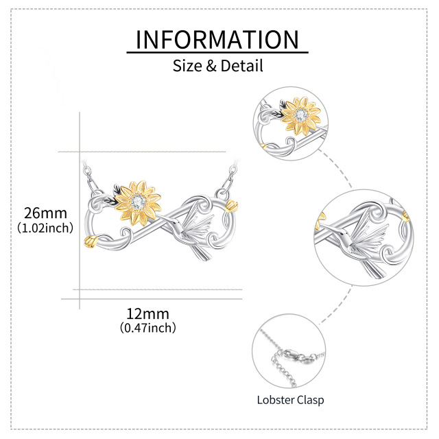 Sterling Silber zweifarbig rund Zirkon Kolibri & Sonnenblume Anhänger Halskette-5