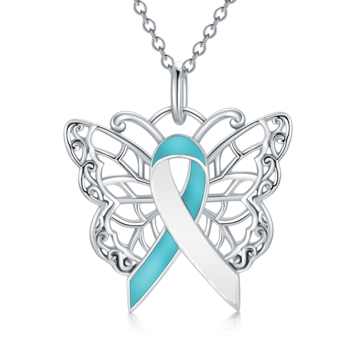 Sterling Silver Crystal Butterfly & Ribbon Pendant Necklace-1