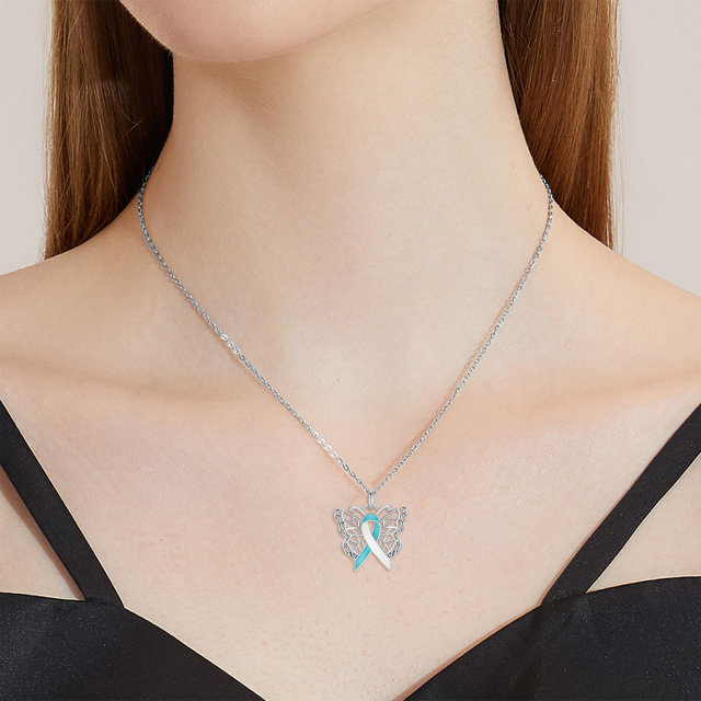 Sterling Silver Crystal Butterfly & Ribbon Pendant Necklace-1