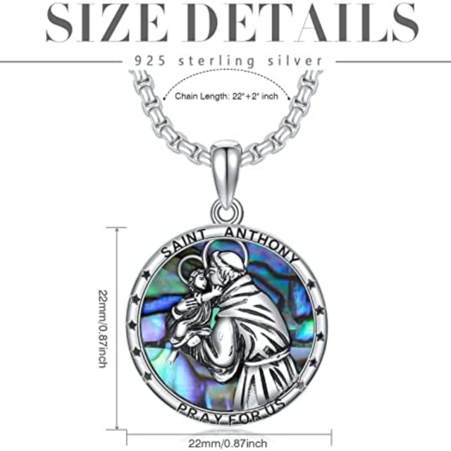 Sterling Silver Circular Shaped Abalone Shellfish St. Anthony Pendant Necklace with Engraved Word-5