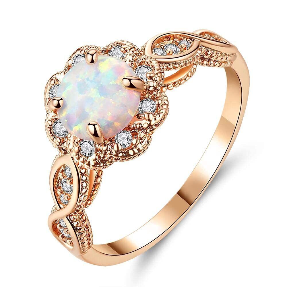 Sterling Silver with Rose Gold Plated Circular Shaped Moissanite & Opal Couple Wedding Ring-1