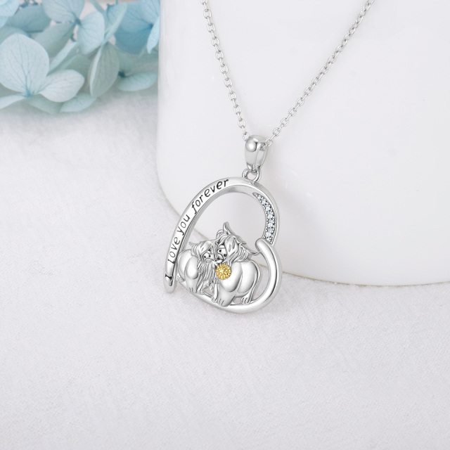 Sterling Silver Cubic Zirconia Highland Cow & Sunflower & Heart Pendant Necklace with Engraved Word-2