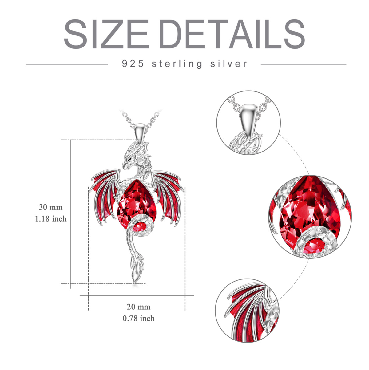 Sterling Silber birnenförmiger Rubin Drachen Kristall Anhänger Halskette-6