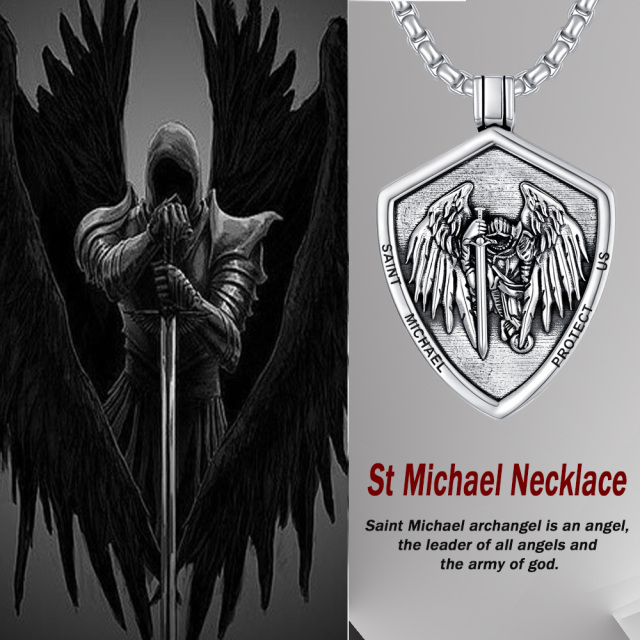 Sterling Silver Saint Michael & Shield Pendant Necklace with Engraved Word for Men-6