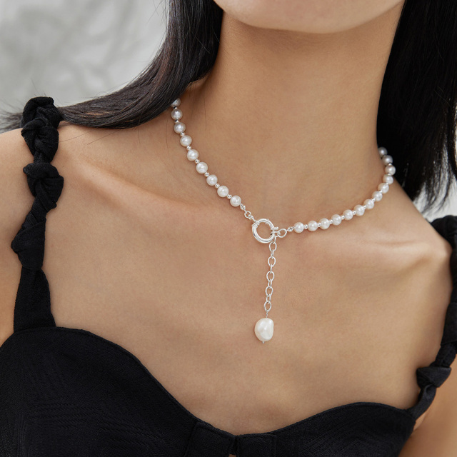 Sterling Silver Pearl Round Metal Choker Necklace-1