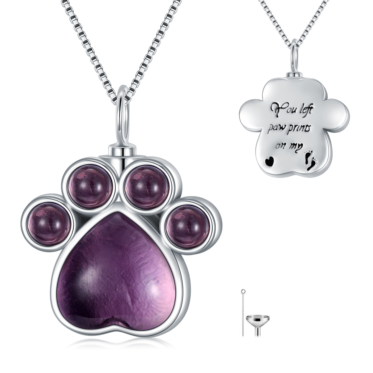 Sterling Silver Crystal Paw Urn Necklace for Ashes with Engraved Word-1