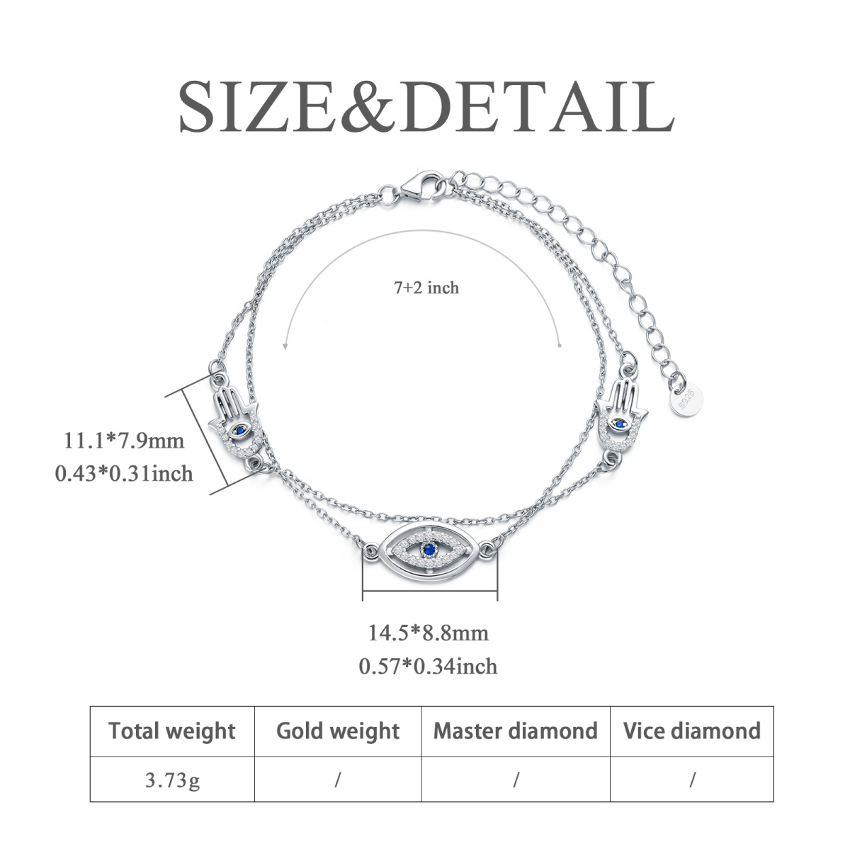 Sterling Silber Runde Cubic Zirkonia Evil Eye & Hamsa Hand Layerered Armband-8