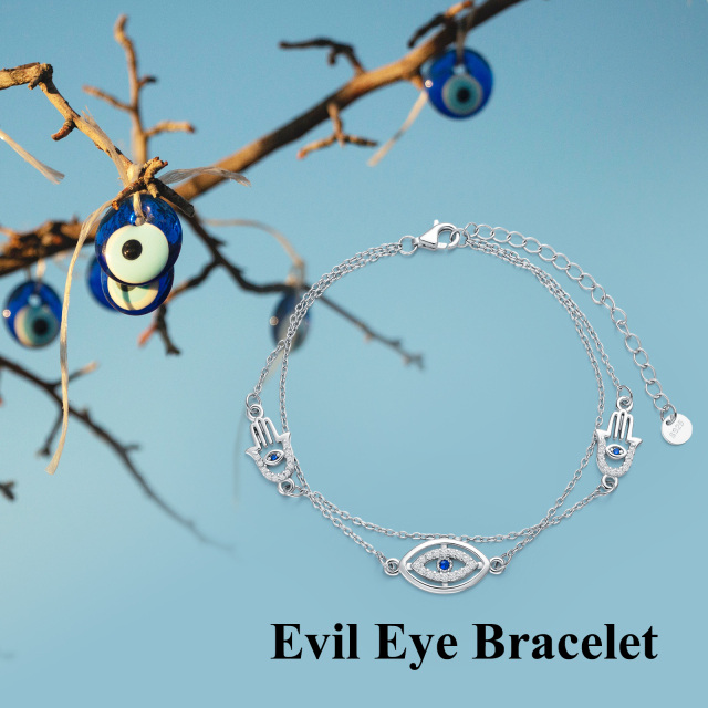 Sterling Silver Round Cubic Zirconia Evil Eye & Hamsa Hand Layerered Bracelet-6