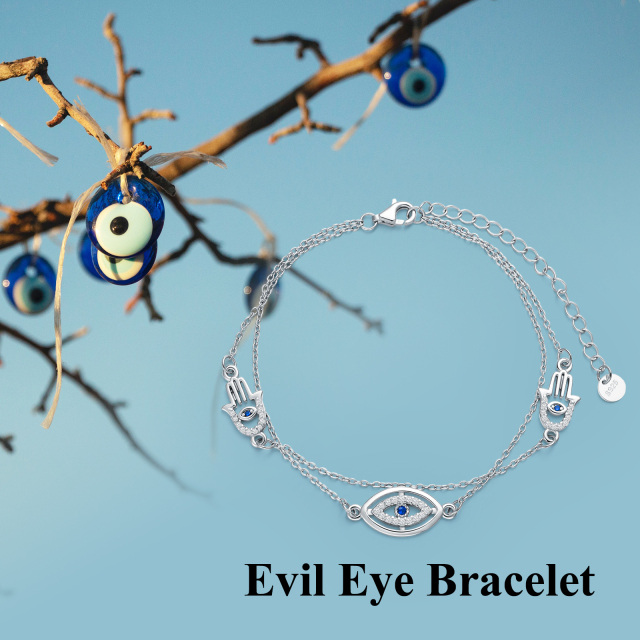 Pulsera de plata de ley con zirconia cúbica redonda y mal de ojo y Hamsa en capas-6