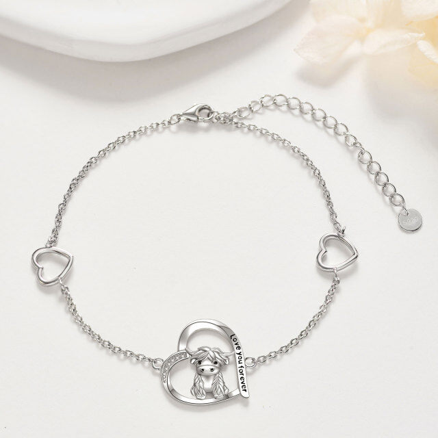 Sterling Silver Circular Shaped Cubic Zirconia Highland Cow & Heart Pendant Bracelet with Engraved Word-2