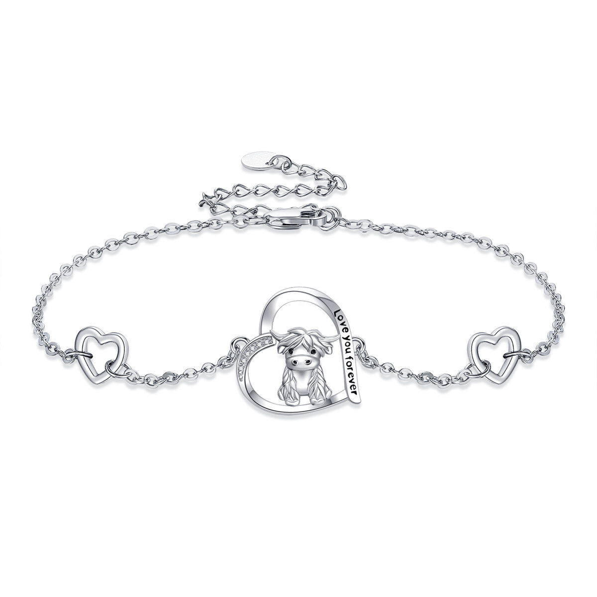 Sterling Silver Circular Shaped Cubic Zirconia Highland Cow & Heart Pendant Bracelet with Engraved Word-1