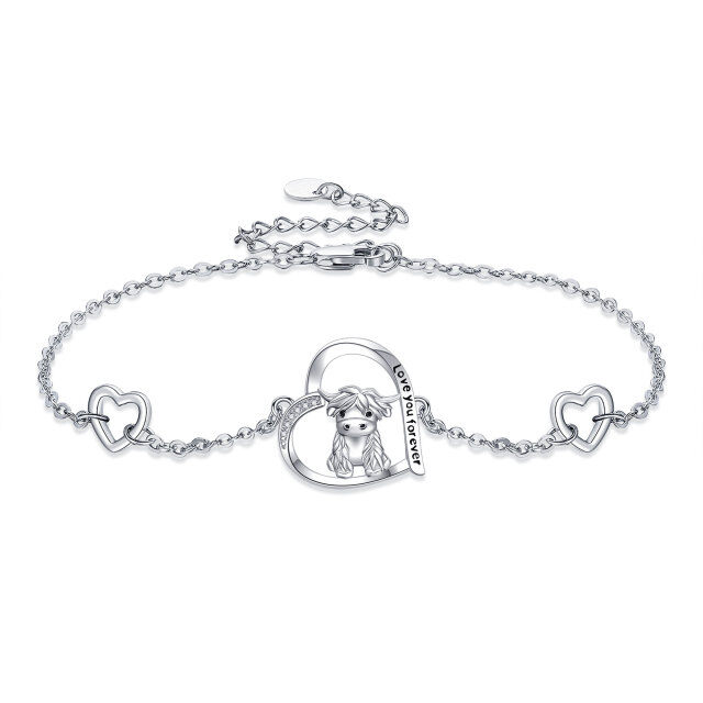 Sterling Silver Circular Shaped Cubic Zirconia Highland Cow & Heart Pendant Bracelet with Engraved Word-0