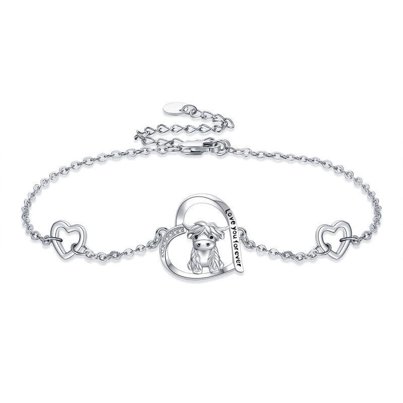 Sterling Silver Circular Shaped Cubic Zirconia Highland Cow & Heart Pendant Bracelet with Engraved Word