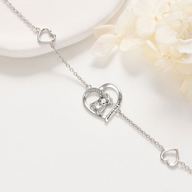 Sterling Silver Circular Shaped Cubic Zirconia Highland Cow & Heart Pendant Bracelet with Engraved Word-3