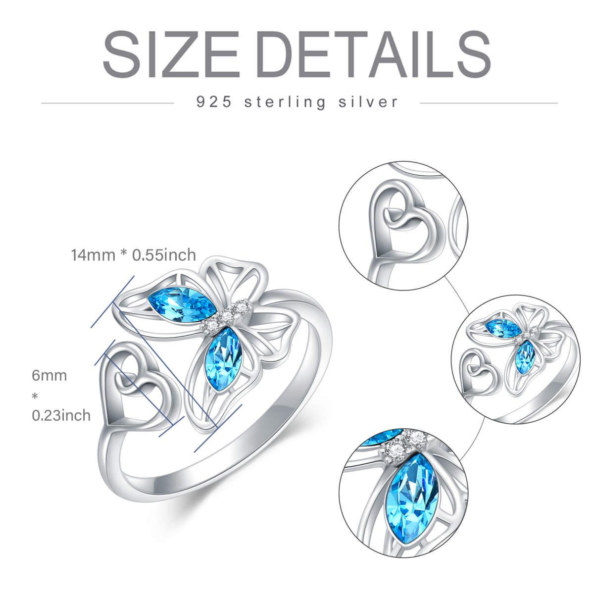 Sterling Silver Circular Shaped Crystal & Cubic Zirconia Butterfly Open Ring-5