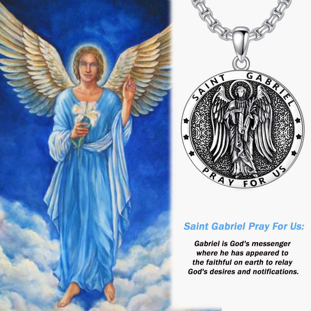 Sterling Silver Saint Gabriel Pendant Necklace with Engraved Word for Men-5