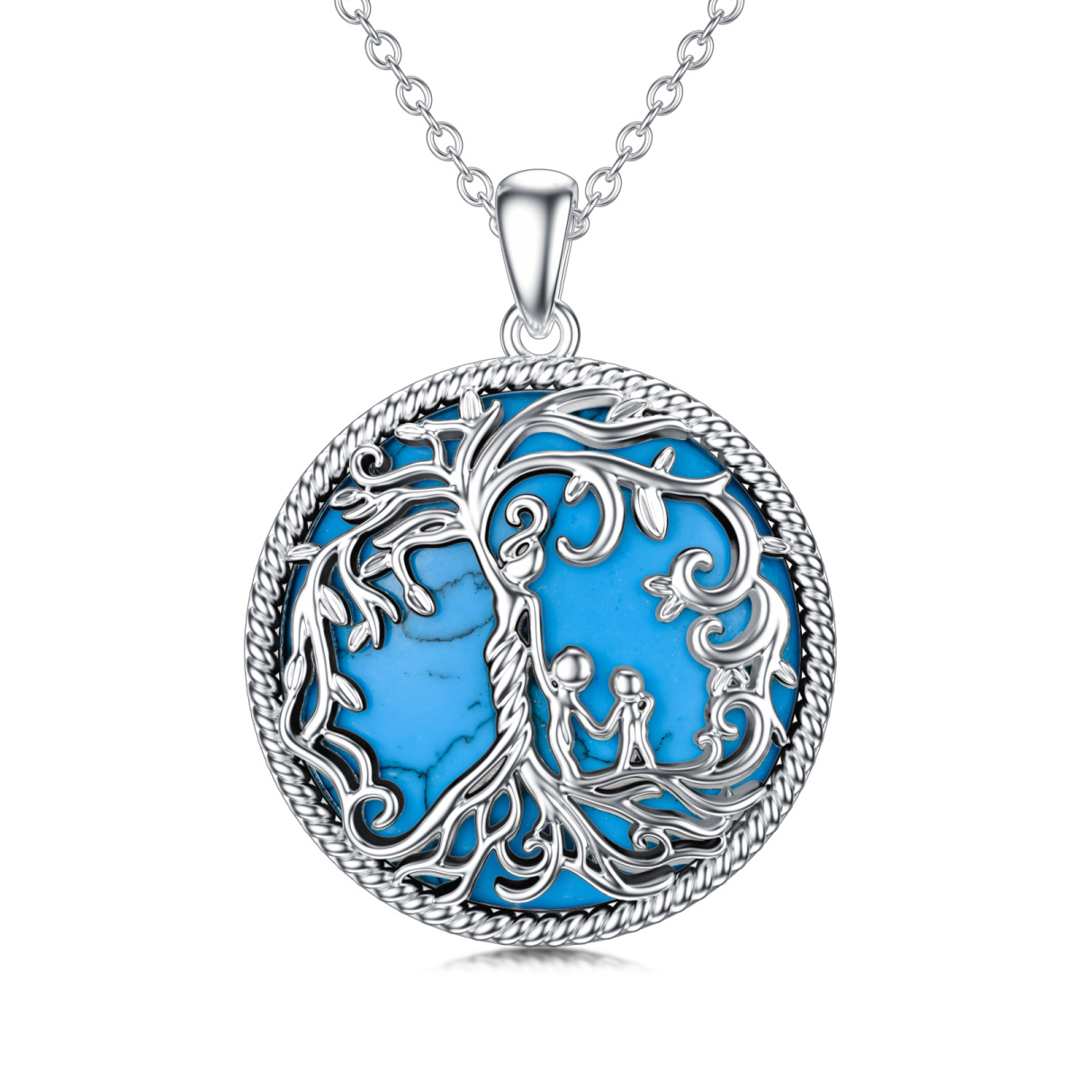 Sterling Silver Round Turquoise & Abalone Shellfish Tree Of Life & Grandmother & Mother & Mother & Daughter Pendant Necklace-1